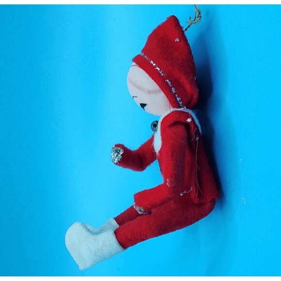 1950s Pixie Knee Hugger Elf Ornament Red White Poseable 5" Sockinette - Picture 5 of 11